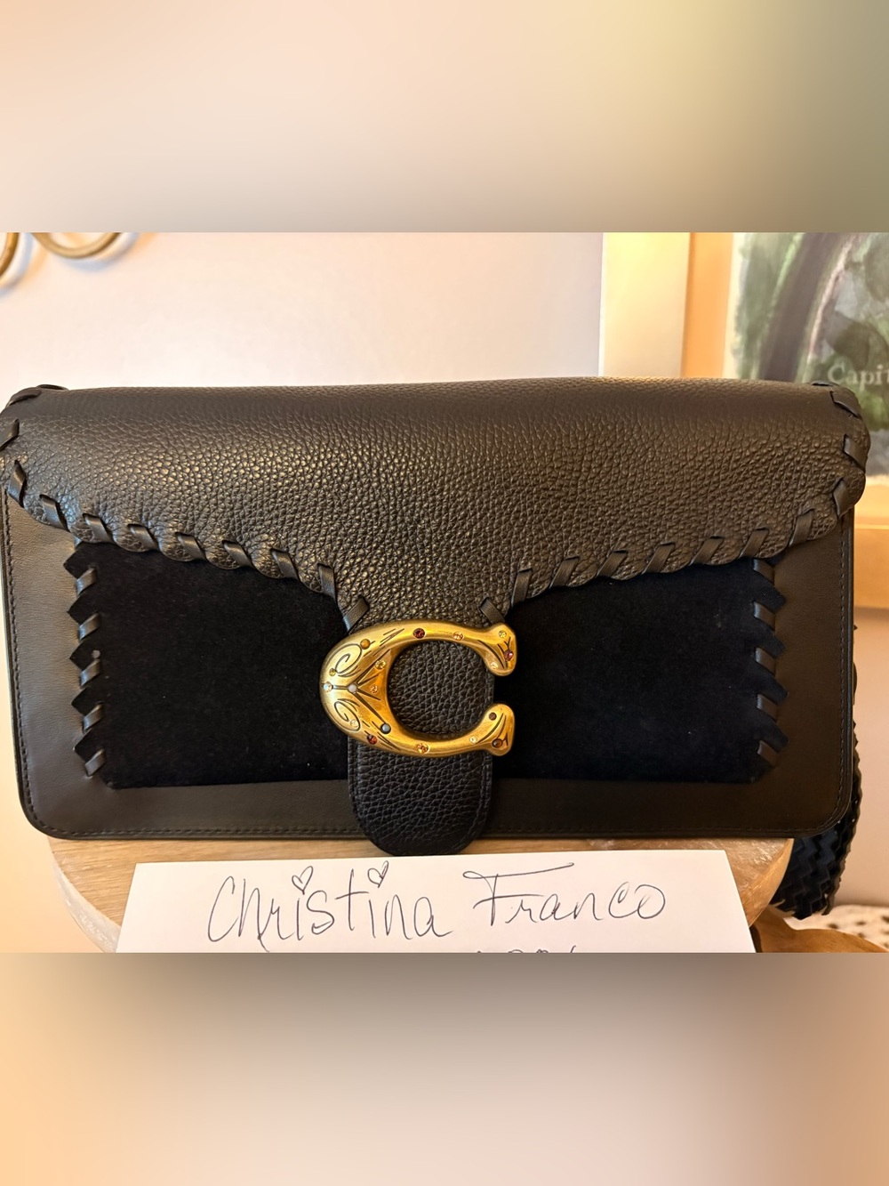 Coach Black Leather & Suede Shoulder Bag Gold hardware and whipstitching
